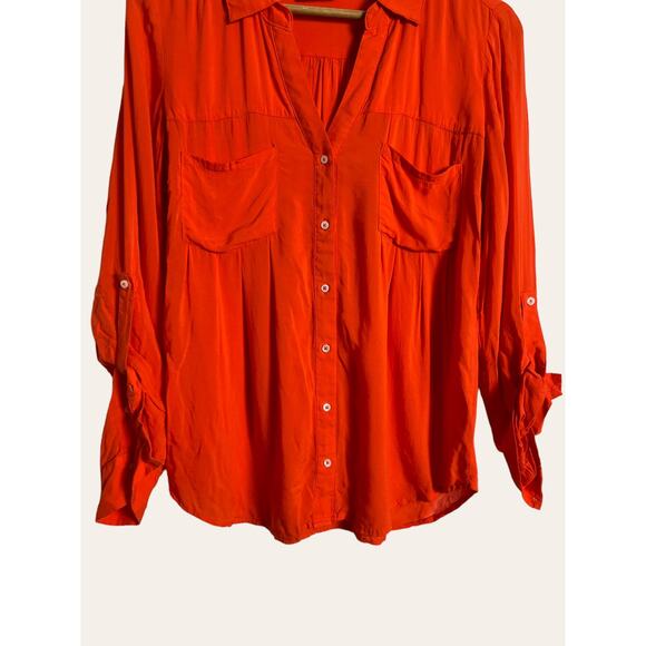 Anthropologie Maeve Clara Blood Orange Button Down Roll Long Sleeve Top Size S - Picture 6 of 9
